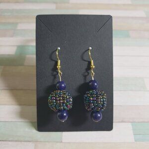 Handmade Beaded Dangle Earrings Multicolor Beads Gold Hooks Jewelry Blue